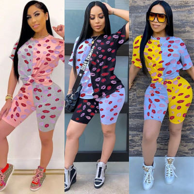 Summer new casual color matching lip pattern two-piece suit MSN737