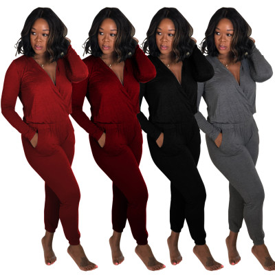 Promotion Solid Color Deep V Neck Jumpsuits Rompers Q157
