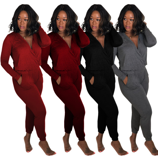 Promotion Solid Color Deep V Neck Jumpsuits Rompers Q157