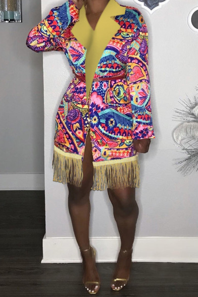Fashion casual graffiti digital print suit collar tassel pendant dress LZ-673