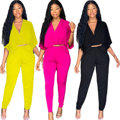 Latest Tight Batwing Sleeves Plain Color V Collar Jumpsuit RB3016