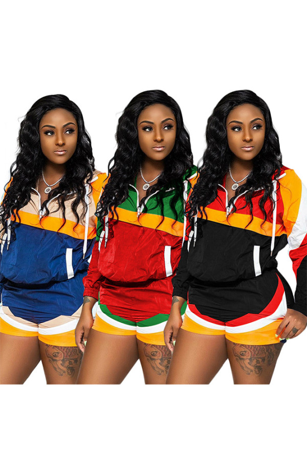Hooded Long Sleeve Coat Sport Color Block Shorts SN3531