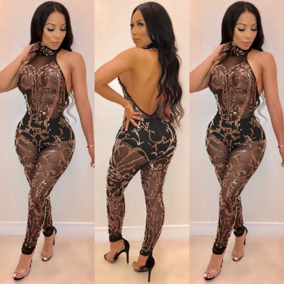 Halter Neck Backless Mesh Jumpsuits K8652