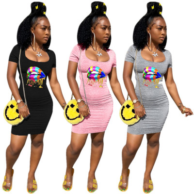 Sexy pleated halter sexy lips print dress S6213