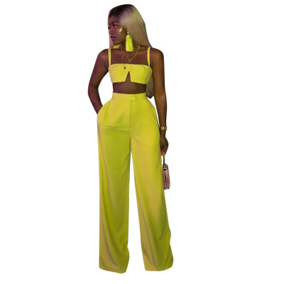 Leisure Women Outfits Condole Belt Top Wide Leg Pants F8144