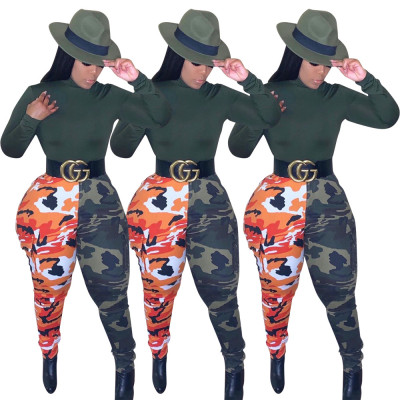 Hot Style Elastic Camouflage Two-Color Patchwork Skinny Pants ZH5138