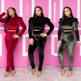 Velvet Ladies Slim Outfits Backless Tied Top Slinky Pants TRS996