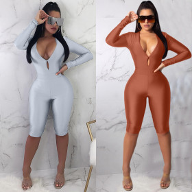 Women Pure Color Half Pants V Collar Bodycon Jumpsuit CY1048