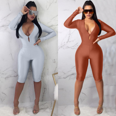 Women Pure Color Half Pants V Collar Bodycon Jumpsuit CY1048