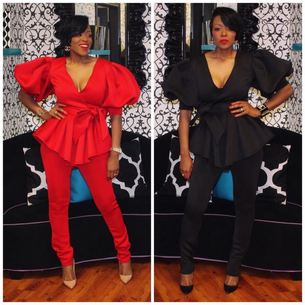 Plugning Neck Ruffled Short Puff Sleeves Belted Bodycon Pants Set HHM6187