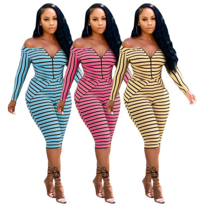 Stripe Knitting Hot Sets Zipper Strapless Top Mid Shorts ML7243