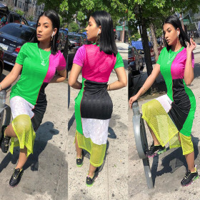 Unique Clothes Mesh Patchwork Short Sleeve Midi Dress MR204