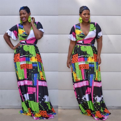 Surplice Neck Print Long Maxi Dress CY1069