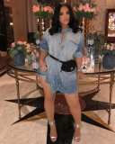 Casual Beading Polo Neck Jeans Dress With Pockets LD8269