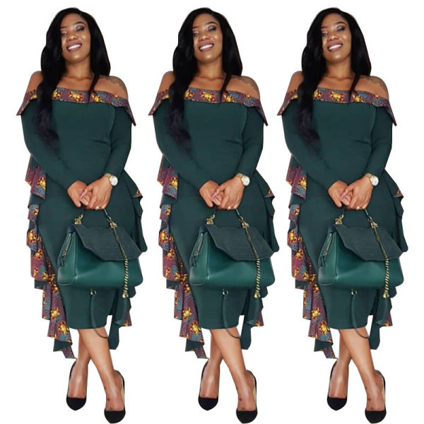 Autumn Newest Ruffle Off Shoulder Midi Dress HHM6048
