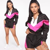 Latest Color Patchwork Outfits Long Sleeves Top Sport Shorts YMT6103