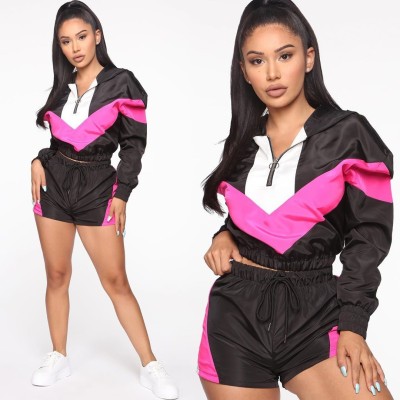 Latest Color Patchwork Outfits Long Sleeves Top Sport Shorts YMT6103