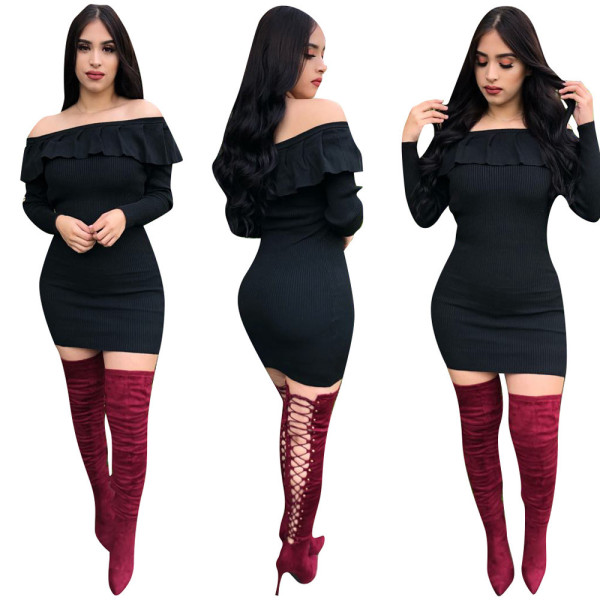 Ribber Ruffle Overlay Dew Shoulder Bodycon Dress DN8170
