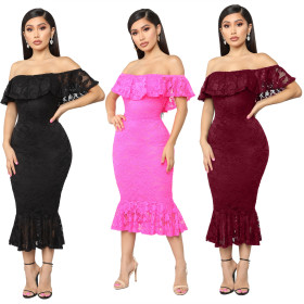Wholesale Ladies Solid Off Shoulder Lace Dress JLX3091