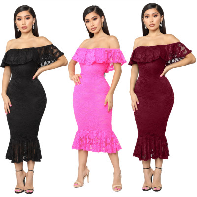 Wholesale Ladies Solid Off Shoulder Lace Dress JLX3091