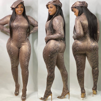 Women Mid Waist Bodycon Snake Printing Long Jumpsuit LYY9227