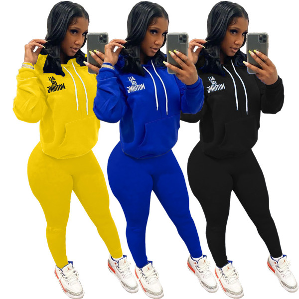 Casual Letter Embroidery Long Sleeves Hooded Sweater Wiith Trousers Two Piece Sets YT3251