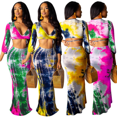 Bandage V Neck Crop Top Long Dress Tie-Dye Outfits AMM8160
