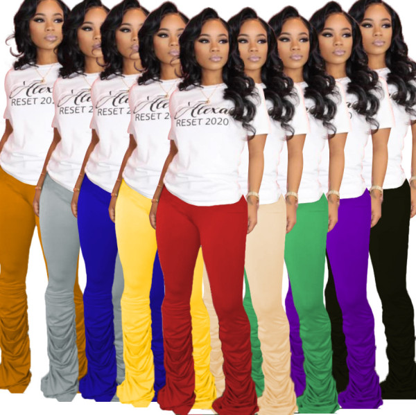 Solid color high-stretch pleated micro-flare casual track pants LA3183