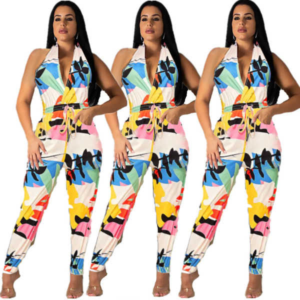 Wholesale Backless Printing Halter Neck Tight Jumpsuit DN8268