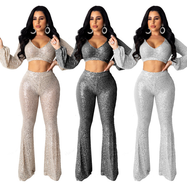 Bling Bling Trendy Solid Sequins Women Sets Crop Top Flares Pants Q381