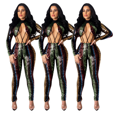 Multicolor Ladies Irregular Sequin Hollow Out Sexy Jumpsuit ED8156