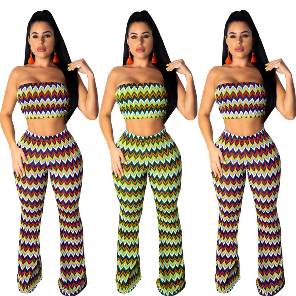 Casual Printing Strapless Top Wide Leg Pants Women Outfits ZH5098
