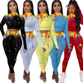 Womens sexy shaping high neck color splash ink casual two-piece suit DN8540
