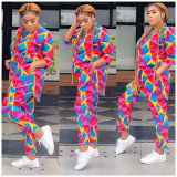 Geometry Printing Casual Sets Long T-Shirt Tight Pants OEP6043