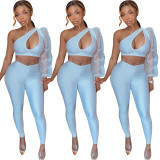 Casual fashion solid color see-through puff sleeve strapless two-piece women's clothing ED8258