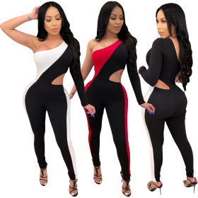 Stylish Contrast Color Oblique Shoulder Cheap Tight Jumpsuit SDD9218