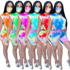 Fashion Coloring Round Neck Sleeveless Top With Shorts Two Piece Set (Including Mask) LA3192