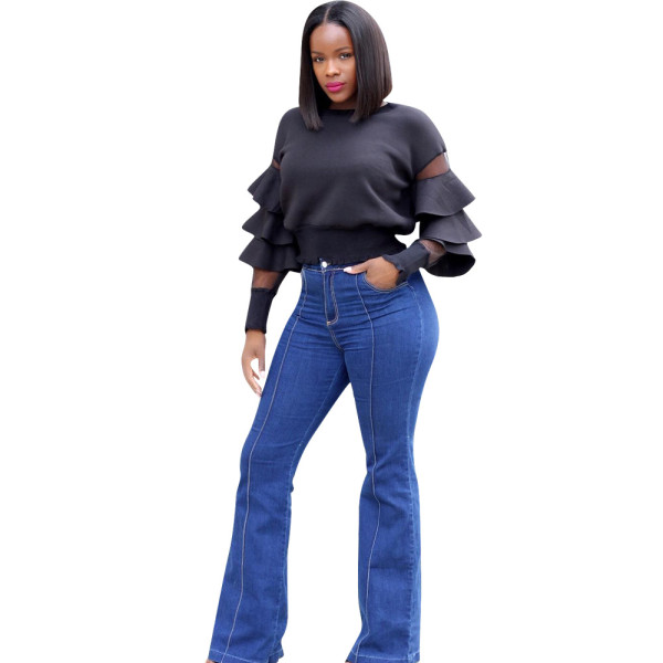 Black Ruffle Sleeves Short T Shirts LM9037