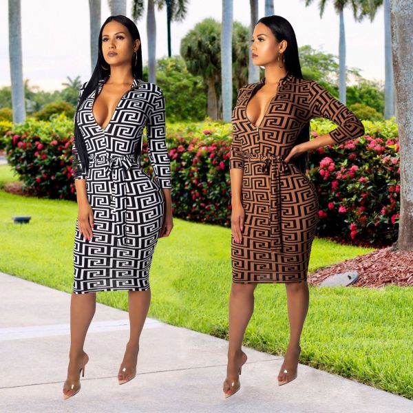 Fashion Printed Deep V Neck Bodycon Dress With Belt SMR9057