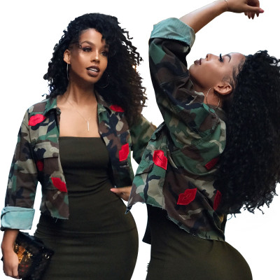 Euramerican Women Camouflage Turn-Down Collar Coat U7054