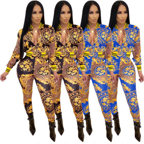 Mature Women Floral Leopard Print Two Pieces Long Suits SDD9202