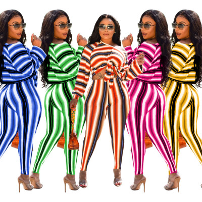 Wholesale Striped Suits Oblique Shoulder Top Tight Pants WY6588