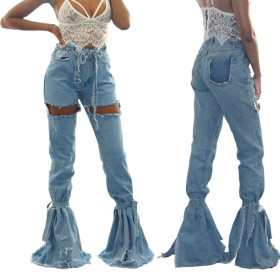 Broken trousers with stitching denim washed flared pants HSF2102
