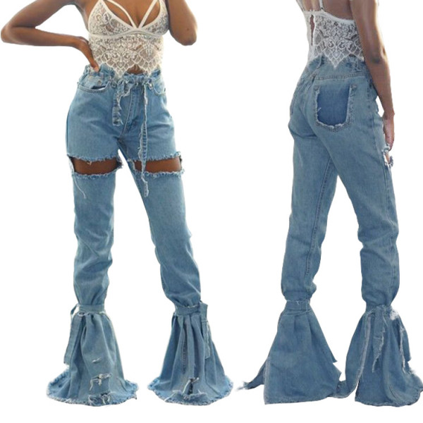 Broken trousers with stitching denim washed flared pants HSF2102