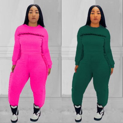 Autumn Winter Slim Polyester Pure Color Ruffle Tracksuits MDF5100