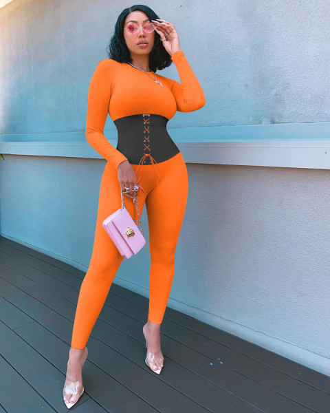 Lace-up rib stitching autumn and winter sports jumpsuit NK183