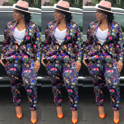 Women Street Style Floral Printing Two Pieces Casual Suits KF76
