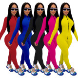 Sexy Solid Color Zipper V-Neck Long Sleeves Bodycon Jumpsuit MY9689