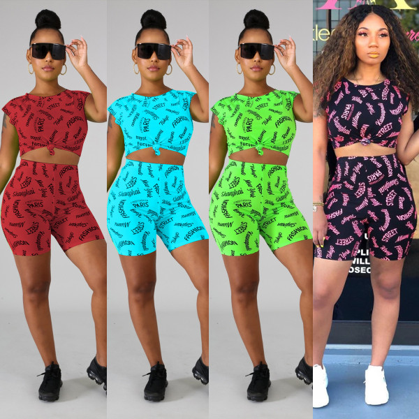 Fashion Letters Printing 4 Colors Bodycon Shorts Suits ALS108