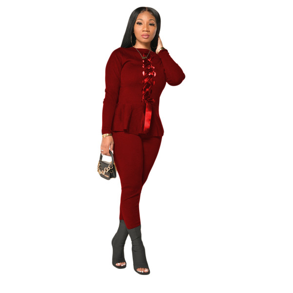 Fashionable European and American Womens bandage positive and negative two-piece suit autumn and win